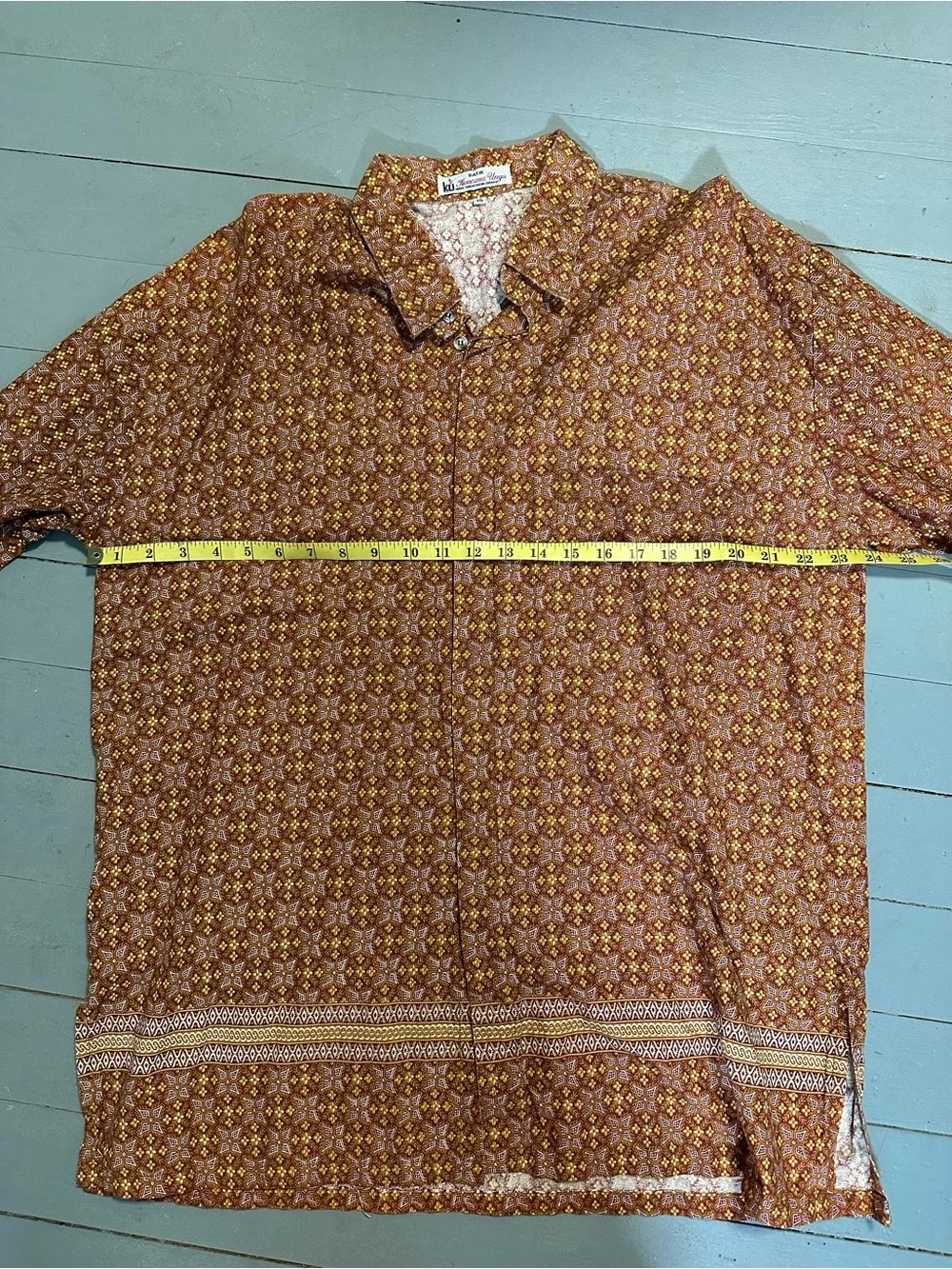 Men's Casual Button-Down Shirt in Rust Floral Print Batik Vintage